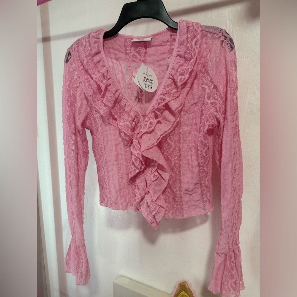 Rainbow Pink Ruffled Long Sleeve Crop Blouse